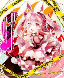 Rule 34 | 1girl, :d, animal ears, bad id, bad pixiv id, bell, caution tape, chainsaw, choker, dress, hair ribbon, heart, heart-shaped pupils, keep out, long hair, neck bell, nochita shin, open mouth, original, pink dress, pink eyes, pink hair, rabbit ears, ribbon, smile, solo, symbol-shaped pupils, twintails