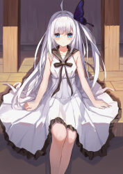 Rule 34 | 1girl, absurdres, ahoge, arms at sides, bare arms, black ribbon, black sailor collar, blue eyes, blush, butterfly hair ornament, chinese commentary, commentary, dress, eyelashes, feet out of frame, fengxue, frilled dress, frills, ginka, hair between eyes, hair intakes, hair ornament, highres, long hair, looking at viewer, one side up, parted lips, ribbon, sailor collar, sailor dress, shinomiya ginka, sitting, sleeveless, sleeveless dress, solo, straight-on, very long hair, white dress, white hair, wooden floor