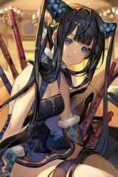 Rule 34 | 1girl, absurdres, bad id, bad pixiv id, bare shoulders, black dress, black hair, blue eyes, blunt bangs, breasts, chandelier, china dress, chinese clothes, chyoel, cleavage, closed mouth, detached sleeves, dress, fate/grand order, fate (series), flute, hair ornament, highres, instrument, leaf hair ornament, long hair, looking at viewer, medium breasts, pipa (instrument), sitting, smile, solo, thighs, twintails, very long hair, yang guifei (fate), yang guifei (second ascension) (fate)