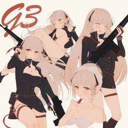 Rule 34 | ^ ^, absurdres, battle rifle, blonde hair, blush, breasts, character name, cleavage, closed eyes, commentary request, closed eyes, g3 (girls&#039; frontline), girls&#039; frontline, gun, h&amp;k g3, highres, jewelry, long hair, looking at viewer, muike, multiple views, naked towel, necklace, purple eyes, rifle, sideboob, smile, thigh strap, torn clothes, towel, towel on head, weapon