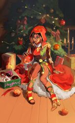 Rule 34 | 1girl, arm support, box, braid, brown hair, christmas, christmas tree, closed mouth, commentary, doughnut, english commentary, food, fox, gift, gift box, hair between eyes, highres, indoors, kiriko (overwatch), mechanical arms, official alternate costume, on floor, overwatch, overwatch 2, red footwear, sitting, solo, stuffed animal, stuffed toy, westwheat