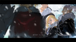 Rule 34 | 1girl, 4boys, alphonse elric, amestris military uniform, back turned, beard, blonde hair, blue eyes, braid, buccaneer (fma), dark skin, edward elric, emmmerald, facial hair, frown, fullmetal alchemist, hair over one eye, letterboxed, long hair, looking at viewer, looking away, miles (fma), military, military uniform, multiple boys, olivier mira armstrong, out of frame, serious, snow, uniform, white hair, winter clothes