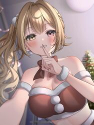 Rule 34 | 1girl, bare shoulders, blonde hair, blush, bow, breasts, christmas, christmas tree, cleavage, commentary, crop top, earrings, finger to mouth, from below, fur trim, hair bobbles, hair ornament, heterochromia, highres, hoshikawa sara, jewelry, large breasts, long hair, meme (mm ta mm), midriff, nail polish, nijisanji, red bow, red eyes, red nails, side ponytail, virtual youtuber, yellow eyes