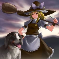 Rule 34 | 1girl, bad id, bad pixiv id, blonde hair, braid, broom, dog, dress, female focus, hat, kirisame marisa, namine0079, outdoors, sky, solo, touhou, witch, witch hat, yellow eyes