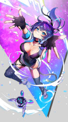 Rule 34 | 1girl, absurdres, bandaid, bandaid on face, bandaid on nose, black choker, black thighhighs, blue eyes, blue hair, breasts, choker, cleavage, fingerless gloves, gloves, hair ornament, highres, indie virtual youtuber, jacket, leotard, looking at viewer, medium breasts, melody (projektmelody), melody (projektmelody) (4th costume), multicolored hair, ponytail, purple hair, purple leotard, shorts, streaked hair, t0m (projektmelody), thighhighs, triangle hair ornament, virtual youtuber, vshojo, white shorts, yuarima310