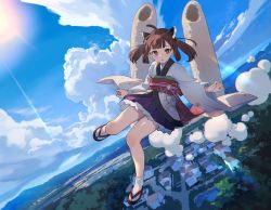 Rule 34 | 1girl, :o, blush, brown hair, chikuwa, cloud, commentary request, day, food, full body, geta, highres, japanese clothes, kimono, kiritanpo (food), long sleeves, looking at viewer, mountain, outdoors, oversized food, oversized object, parted lips, red eyes, scenery, shirinda fureiru, short twintails, sky, solo, tabi, touhoku kiritan, twintails, voiceroid, water, wide sleeves