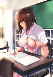 Rule 34 | 1girl, breasts, brown eyes, brown hair, classroom, highres, large breasts, long hair, looking down, nipples, open clothes, open shirt, original, raycat, school, shirt, solo, writing