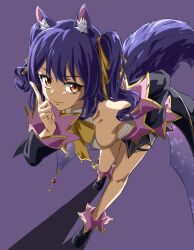 Rule 34 | .live, 1girl, animal ear fluff, animal ears, bare shoulders, black footwear, clothing cutout, detached sleeves, from above, full body, gyouza (mhea5724), highres, looking at viewer, looking up, purple background, purple hair, ribbon, rurun rururica, shadow, short hair, shoulder cutout, solo, standing, tail, virtual youtuber, wolf ears, wolf girl, wolf tail, yellow ribbon