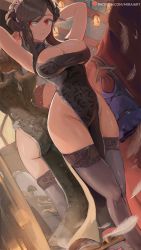 Rule 34 | 1girl, armpits, arms behind head, arms up, bare shoulders, black dress, blush, breasts, brown hair, china dress, chinese clothes, cleavage, cleavage cutout, clothing cutout, double bun, dress, final fantasy, final fantasy vii, final fantasy vii remake, grey thighhighs, hair bun, large breasts, long hair, mirai hikari, mirror, official alternate costume, parted lips, pelvic curtain, red eyes, reflection, sidelocks, skindentation, solo, square enix, swept bangs, thighhighs, thighs, tifa lockhart, tifa lockhart (sporty dress), tifa lockhart (refined dress), wall market