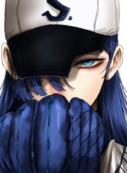 Rule 34 | 1girl, ado (utaite), asymmetrical bangs, baseball cap, baseball glove, blue hair, close-up, covering own mouth, hair over one eye, hand over own mouth, hat, highres, hoshi san 3, long hair, looking at viewer, merry (ado), portrait, readymade (ado), serious, solo, torn clothes, torn hat, utaite, white background