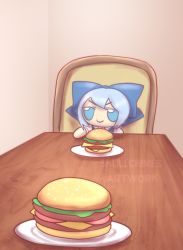 Rule 34 | 1girl, artist name, blue bow, blue dress, blue eyes, blue hair, bow, burger, chair, cirno, collared shirt, commentary, dress, english commentary, food, fumo (doll), looking at viewer, pinafore dress, plate, pov, red neckwear, red ribbon, ribbon, shirt, short hair, skullchimes, sleeveless dress, smile, solo, touhou, v-shaped eyebrows, white shirt, wing collar