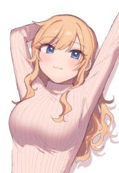 Rule 34 | 1girl, arm behind head, arm up, blonde hair, blue eyes, blush, breasts, chiyoko (tykchiyo), commentary request, grey sweater, highres, idolmaster, idolmaster cinderella girls, large breasts, long hair, looking at viewer, ohtsuki yui, ribbed sweater, smile, solo, sweater, turtleneck, turtleneck sweater, upper body, wavy hair