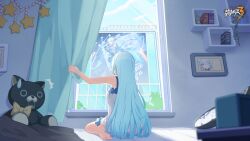Rule 34 | 1girl, alternate costume, bare arms, bare legs, bedroom, book, chinese commentary, curtain grab, curtains, day, dress, highres, honkai (series), honkai impact 3rd, indoors, kneeling, logo, long hair, m legs, official art, official wallpaper, poster (object), ribbon, shigure kira, solo, stuffed animal, stuffed toy, teddy bear, white dress, yellow ribbon