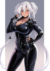 Rule 34 | 1girl, alternate costume, biker clothes, bikesuit, black bodysuit, black gloves, bodysuit, breasts, cleavage, commentary request, contrapposto, cowboy shot, dark-skinned female, dark skin, gloves, gradient background, grey-framed eyewear, grey background, hand on own hip, highres, kantai collection, large breasts, light brown hair, looking at viewer, musashi (kancolle), musashi kai ni (kancolle), open bodysuit, open clothes, partially fingerless gloves, red eyes, semi-rimless eyewear, silver hair, skin tight, solo, standing, twintails, two side up, yunamaro, zipper