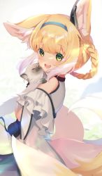 Rule 34 | 1girl, :d, animal, animal ear fluff, animal ears, animal hug, arknights, bare shoulders, black choker, blonde hair, blue hairband, blush, braid, cat, choker, colored tips, commentary, dress, earpiece, fox ears, fox girl, from side, gloves, green eyes, hairband, looking at viewer, mizurapi, multicolored hair, open mouth, pouch, smile, solo, suzuran (arknights), two-tone hair, upper body, white background, white dress, white hair