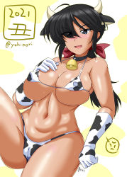 Rule 34 | 1girl, 2021, animal ears, animal print, bell, bikini, black eyes, black hair, breasts, cameltoe, chinese zodiac, cleft of venus, cow ears, cow girl, cow horns, cow print, cow tail, cowbell, dark-skinned female, dark skin, fake horns, female focus, girls und panzer, girls und panzer saishuushou, hair over one eye, highres, horns, large breasts, looking at viewer, micro bikini, navel, ogin (girls und panzer), shiny skin, short hair, skindentation, solo, sweat, swimsuit, tail, year of the ox, yohinori