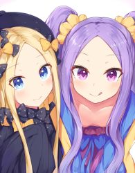Rule 34 | 2girls, :q, abigail williams (fate), black bow, black dress, black hat, blonde hair, blue eyes, blush, bow, breasts, chinese clothes, closed mouth, collarbone, commentary request, dress, fate/grand order, fate (series), hair bow, hat, long hair, long sleeves, looking at viewer, meuneyu, multiple girls, orange bow, parted bangs, polka dot, polka dot bow, purple eyes, purple hair, simple background, sleeves past fingers, sleeves past wrists, small breasts, smile, tongue, tongue out, twintails, very long hair, white background, wu zetian (fate), wu zetian (first ascension) (fate)
