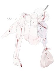 Rule 34 | 1girl, bag, blood, blood on clothes, blood on face, blood on hands, blood on leg, blood stain, bloody knife, bloody weapon, blue eyes, bra, commentary, cropped shirt, crossed legs, dagger, dated commentary, english commentary, english text, artistic error, eyepatch, frilled bra, frilled panties, frilled shirt, frills, full body, highres, holding, holding bag, holding dagger, holding knife, holding weapon, knife, knife in head, leg ribbon, long sleeves, looking at viewer, medical eyepatch, merry christmas, multicolored hair, object through head, one eye covered, original, outo eguchi, panties, plastic bag, ribbon, scar, scar on leg, see-through, see-through shirt, shirt, short hair, side-tie panties, simple background, sitting, solo, streaked hair, thighhighs, underwear, weapon, white background, white bra, white hair, white panties, white ribbon, white thighhighs