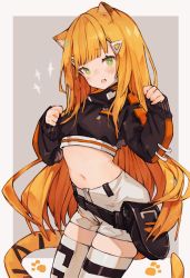 Rule 34 | 1girl, absurdres, animal ears, arched back, breasts, cat ears, cat tail, clenched hands, commentary, commission, cropped jacket, english commentary, fang, fanny pack, green eyes, highres, indie virtual youtuber, kemomin nosuke, leaning forward, midriff, moofie (vtuber), navel, open mouth, orange hair, paw print, second-party source, shorts, skin fang, skindentation, small breasts, solo, tail, thighhighs, tiger ears, tiger girl, tiger tail, virtual youtuber, white shorts
