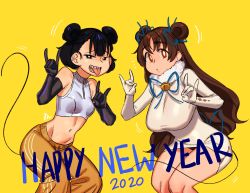 Rule 34 | 2020, 2girls, bell, black eyes, black gloves, black hair, breasts, bright pupils, brown eyes, brown hair, brown pants, crop top, double bun, elbow gloves, feet out of frame, gloves, hair bun, halterneck, hands up, happy new year, highres, large breasts, long hair, midriff, multiple girls, navel, new year, nia (nia4294), open mouth, original, pants, sharp teeth, short hair, simple background, small breasts, smile, tail, teeth, very long hair, white pupils, yellow background