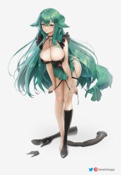 Rule 34 | 1girl, :p, absurdres, boots, breasts, cleavage, collarbone, crossed bangs, dress, frills, gloves, greatodoggo, green eyes, green hair, green nails, hair bun, hair ornament, hairclip, high heel boots, high heels, high ponytail, highres, holding, indie virtual youtuber, knee boots, large breasts, leaning forward, long hair, looking at viewer, misu (vtuber), nail polish, shoe soles, shoes, sidelocks, single boot, single shoe, single side bun, skirt, solo, thigh strap, thighs, tongue, tongue out, twitter logo, unworn shoes, virtual youtuber, white background