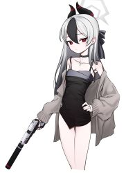 Rule 34 | 1girl, absurdres, aruruaaaa, black choker, black dress, black hair, black horns, blue archive, breasts, choker, closed mouth, collarbone, cropped legs, demon horns, dress, grey halo, grey jacket, gun, hair between eyes, halo, highres, holding, holding gun, holding weapon, horns, jacket, kayoko (blue archive), kayoko (dress) (blue archive), long hair, long sleeves, looking at viewer, multicolored hair, official alternate costume, open clothes, open jacket, red eyes, simple background, small breasts, solo, weapon, white background, white hair