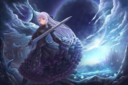 Rule 34 | 1girl, armor, armored dress, bad id, bad pixiv id, black bow, black dress, black gloves, black legwear, bow, braid, castle, cloud, dress, frilled dress, frills, gloves, hair bow, long hair, long skirt, looking at viewer, lunacle, moon, night, original, outdoors, purple eyes, purple hair, ruins, skirt, solo, standing, sword, very long hair, weapon