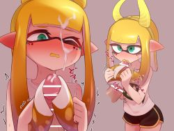 Rule 34 | 1boy, 1girl, bar censor, bare shoulders, black shorts, blonde hair, blunt bangs, blunt ends, blush, censored, cum, cum on hair, disembodied penis, dolphin shorts, ear blush, erection, eyebrows, facial, fake horns, fellatio, green eyes, grey background, hairjob, headband, horns, inkling player character, licking, licking penis, long hair, multiple views, nintendo, one eye closed, oral, organ rn, penis, pointy ears, short shorts, shorts, simple background, sleeveless, solo focus, splatoon (series), splatoon 2, standing, sweat, tentacle hair, tongue, tongue out