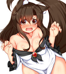 Rule 34 | 1girl, animal ears, bare shoulders, blush, breasts, brooch, brown hair, cleavage, commentary request, daichi (tokoya), dress, fang, highres, imaizumi kagerou, jewelry, large breasts, long hair, long sleeves, looking at viewer, open mouth, red eyes, simple background, solo, tail, touhou, white background, wide sleeves, wolf ears, wolf tail