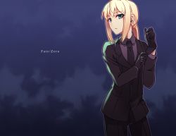 Rule 34 | 1girl, adjusting clothes, adjusting gloves, artoria pendragon (fate), blonde hair, fate/stay night, fate/zero, fate (series), formal, gloves, green eyes, long hair, necktie, open mouth, pochi (pochi-goya), ponytail, saber (fate), solo, suit