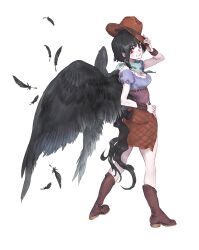 Rule 34 | 1girl, absurdres, bandana, black hair, black tail, black wings, blue bandana, blue dress, boots, breasts, brown dress, brown footwear, brown hat, brown overskirt, brown wristband, cleavage, commentary request, cowboy boots, cowboy hat, dress, feathered wings, feathers, full body, hand on headwear, hand on own hip, hat, highres, horse tail, kurokoma saki, looking at viewer, looking back, medium breasts, momijigari, multicolored clothes, multicolored dress, off-shoulder dress, off shoulder, overskirt, pegasus wings, puffy short sleeves, puffy sleeves, purple dress, red eyes, short hair, short sleeves, simple background, solo, standing, tail, touhou, white background, wily beast and weakest creature, wings
