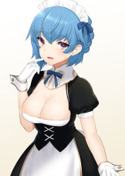 Rule 34 | 1girl, :d, akagi kurage, alternate costume, black dress, blue bow, blue hair, blush, bow, braid, breasts, brown background, character request, cleavage, dress, enmaided, finger to mouth, gloves, gradient background, hair between eyes, hand up, highres, large breasts, maid, maid headdress, open mouth, puffy short sleeves, puffy sleeves, purple eyes, sennen sensou aigis, short hair, short sleeves, smile, solo, white background, white gloves, wrist cuffs