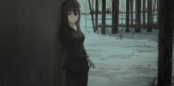 Rule 34 | 1girl, between fingers, black jacket, black pants, blue eyes, breasts, brown hair, character request, chihuri, cigarette, closed mouth, commentary request, day, elizabeth f. beurling, gloves, hair between eyes, highres, holding, holding cigarette, jacket, long hair, long sleeves, looking at viewer, outdoors, pants, shirt, small breasts, smoke, snow, solo, standing, strike witches, strike witches: suomus misfits squadron, tree, white gloves, white shirt, world witches series