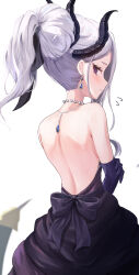 Rule 34 | 1girl, black horns, blue archive, blush, commentary, dangle earrings, demon horns, dress, earrings, elbow gloves, flying sweatdrops, gloves, grey hair, halo, highres, hina (blue archive), hina (dress) (blue archive), horns, izuno (izunoyoshiki), jewelry, long hair, looking at viewer, looking back, multiple horns, necklace, official alternate costume, official alternate hairstyle, open mouth, pendant, purple dress, purple eyes, purple gloves, simple background, solo, strapless, strapless dress, white background