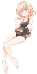 Rule 34 | 1girl, :o, bare arms, bare legs, bare shoulders, barefoot, black camisole, black panties, blonde hair, blush, bow, bow panties, brown eyes, camisole, collarbone, comah, full body, highres, looking at viewer, navel, open mouth, original, outstretched arm, panties, simple background, solo, striped clothes, striped panties, underwear, vertical-striped clothes, vertical-striped panties, white background