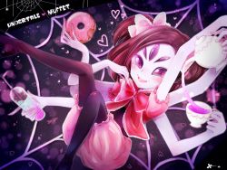 Rule 34 | 1girl, bow, breasts, colored skin, extra arms, extra eyes, fang, high heels, highres, arthropod girl, monster girl, muffet, purple skin, ribbon, spider girl, tea, teapot, thighhighs, undertale