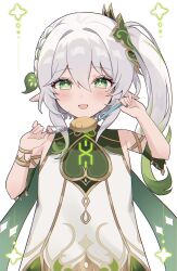 Rule 34 | + +, 1girl, absurdres, bare shoulders, blush, commentary request, crime prevention buzzer, dress, genshin impact, green eyes, hair ornament, hands up, highres, leaf hair ornament, long hair, looking at viewer, nahida (genshin impact), open mouth, pointy ears, rim (ririm711), shukusei!! loli-gami requiem, side ponytail, simple background, sleeveless, sleeveless dress, smile, solo, straight-on, upper body, white background, white dress, white hair