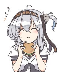 Rule 34 | 1girl, black headband, blush, burger, eating, fast food, food, hachimaki, headband, holding, holding food, kantai collection, long hair, looking at viewer, nakadori (movgnsk), one side up, short sleeves, silver hair, simple background, smile, solo, suzutsuki (kancolle), upper body, white background