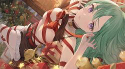 Rule 34 | 1girl, bell, breasts, candle, choker, christmas, christmas ornaments, christmas tree, fire, fireplace, gift, green hair, highres, lantern, large breasts, long hair, looking at viewer, lying, nakashima (pluscolor), neck bell, on back, purple eyes, skirt, star (symbol), topless, virtual youtuber, vspo!, wrapping, yakumo beni