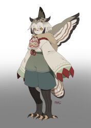 Rule 34 | 1girl, artist name, beak, bird girl, bird legs, bird mask, bird tail, bird wings, black thighhighs, blue shorts, brown cape, brown hair, brown wings, cape, claws, commentary, cropped jacket, crossed bangs, digitigrade, fake claws, from side, full body, fur cape, furry, furry female, gradient background, grey background, hair flaps, highres, jacket, keldel, looking at viewer, mask, mask around neck, multicolored hair, orange eyes, original, owl girl, owl mask, short hair, shorts, simple background, sleeves past fingers, sleeves past wrists, solo, standing, symbol-only commentary, tail, talons, thighhighs, toeless legwear, unworn mask, white background, white hair, white jacket, wings