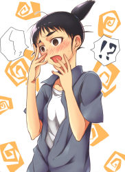 Rule 34 | !?, 1girl, black hair, blush, brown eyes, embarrassed, genshiken, hands on own face, maa-san (dammerung), ogiue chika, open mouth, short hair, solo, sweat, topknot