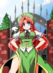 Rule 34 | 1girl, blue eyes, braid, breasts, china dress, chinese clothes, dress, female focus, gate, hands on own hips, hat, highres, hong meiling, large breasts, long hair, nature, outdoors, red hair, sky, smile, solo, tajima yuuki, embodiment of scarlet devil, touhou, twin braids