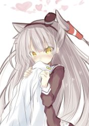 Rule 34 | 10s, 1girl, amatsukaze (kancolle), blush, smelling clothes, dress, hair tubes, hat, heart, hizaka, jacket, kantai collection, long hair, long sleeves, military, military uniform, mini hat, naval uniform, nose blush, sailor dress, silver hair, smelling, solo, twintails, two side up, uniform, white background, yellow eyes