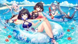 Rule 34 | 4girls, :d, ahoge, ainy, bare shoulders, black dress, black gloves, black thighhighs, blue eyes, blue hair, blue sky, bob cut, breasts, cleavage, closed mouth, cloud, cloudy sky, cup, dress, drinking, drinking straw, dual persona, fingerless gloves, fu hua, fu hua (herrscher of sentience), gloves, goggles, goggles around neck, headband, highres, holding, holding cup, honkai (series), honkai impact 3rd, innertube, kiana kaslana, kiana kaslana (divine prayer), multiple girls, off shoulder, one eye closed, open mouth, outdoors, red eyes, red hair, seele (alter ego), seele vollerei, seele vollerei (stygian nymph), short hair, single thighhigh, sky, smile, swim ring, thighhighs, visor cap, water, white dress, white hair