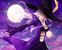 Rule 34 | 1girl, player character (mabinogi), bad id, bad pixiv id, breasts, cleavage, feathers, green eyes, hat, hat feather, mabinogi, moon, navel, nishiwaki yuuri, silver hair, solo, staff, weapon, witch, witch hat