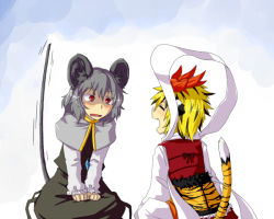Rule 34 | 2girls, animal ears, black hair, blonde hair, blush, capelet, grey hair, mouse ears, mouse tail, multicolored hair, multiple girls, nazrin, open mouth, red eyes, shawl, smile, sweatdrop, tail, tiger ears, tiger tail, toramaru shou, touhou, two-tone hair, yomegane