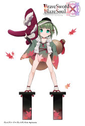 Rule 34 | &gt;:), 1girl, arm up, autumn leaves, blunt bangs, blush, brave sword x blaze soul, collarbone, company name, copyright name, covered navel, eyebrows, flat chest, full body, geta, gourd, green eyes, green hair, hair ribbon, hand on own hip, hat, highres, holding, japanese clothes, looking at viewer, mask, matching hair/eyes, morino donguri, no panties, official art, oversized object, pelvic curtain, pom pom (clothes), ribbon, rope, short hair, simple background, smile, solo, standing, tabi, tassel, teeth, tengu mask, tokin hat, v-shaped eyebrows, white background, wide sleeves