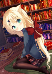 Rule 34 | 1girl, animal ear fluff, animal ears, bad id, bad pixiv id, blonde hair, blue sweater, blush, book, book stack, bookshelf, bow, brown pantyhose, cat ears, chinomaron, commentary request, crescent, cushion, green eyes, hair between eyes, hair bow, hair ornament, hairclip, head tilt, highres, indoors, long hair, long sleeves, no shoes, original, pantyhose, parted lips, plaid, plaid skirt, pleated skirt, red bow, red skirt, signature, sitting, skirt, solo, star (symbol), sweater, twitter username, very long hair, wariza, wooden floor, zabuton