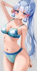 Rule 34 | 1girl, :o, absurdres, arm up, armpit crease, armpit peek, armpits, ass, ayaka (genshin impact), bare shoulders, blue bra, blue hair, blue panties, blush, bra, bra strap, breasts, cleavage, cleavage cutout, clothing cutout, clover, clover hair ornament, collarbone, covered erect nipples, genshin impact, grey background, hair between eyes, hair ornament, hand on own ass, highres, hime cut, huge ass, lace, lace-trimmed bra, lace-trimmed panties, lace bra, lace panties, lace trim, lingerie, long hair, looking at viewer, medium breasts, midriff, mole, mole under eye, nanashinayuzu mochi, navel, open mouth, panties, ponytail, simple background, stomach, thick thighs, thighs, underwear, underwear only, wide hips