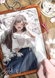 Rule 34 | 1girl, ^ ^, arm at side, blue skirt, blurry, brown hair, bubble, cherry blossoms, chiyoda sakura, closed eyes, depth of field, flower, glass, hand in own hair, highres, jewelry, light blush, long hair, long skirt, necklace, open mouth, original, outdoors, pebble, photo (object), picture frame, pink flower, ring, sakura (nagatoro), shirt, short sleeves, signature, skirt, smile, solo, soragane (banisinngurei), spring (season), standing, table, teeth, upper teeth only, white shirt, white tree, wooden table